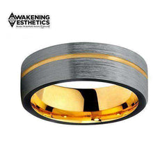 Jewelry - Black Yellow Gold Offset Line Tungsten Ring