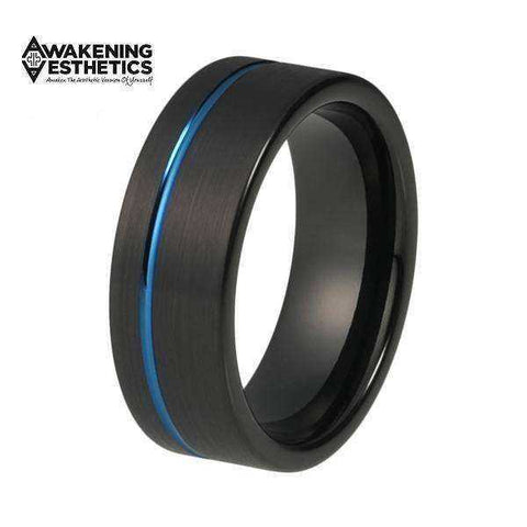 Image of Jewelry - Blue & Black Matte Finish Offset Line Pipe Cut Tungsten Ring
