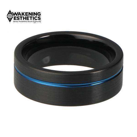 Image of Jewelry - Blue & Black Matte Finish Offset Line Pipe Cut Tungsten Ring