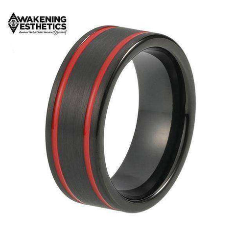 Image of Jewelry - Red Grooves Black Brushed Tungsten Carbide Ring