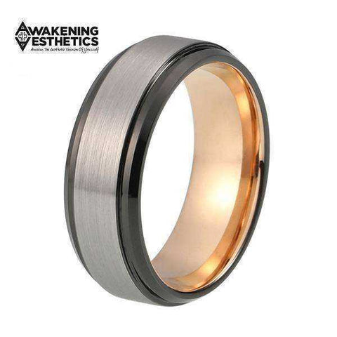 Image of Jewelry - Silver Brushed & Black Beveled Edges Tungsten Ring