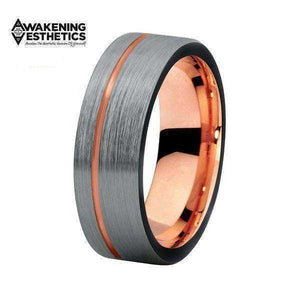 Jewelry - Silver Brushed Top Offset Line Rose Gold Tungsten Ring