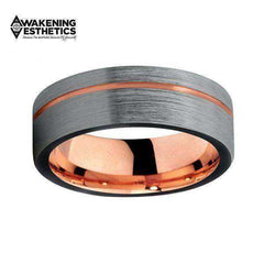 Jewelry - Silver Brushed Top Offset Line Rose Gold Tungsten Ring