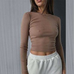 O Neck Ribbed Long Sleeve Tees Shirt Sexy Cropped Women