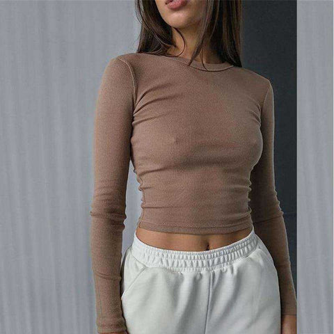 Image of O Neck Ribbed Long Sleeve Tees Shirt Sexy Cropped Women
