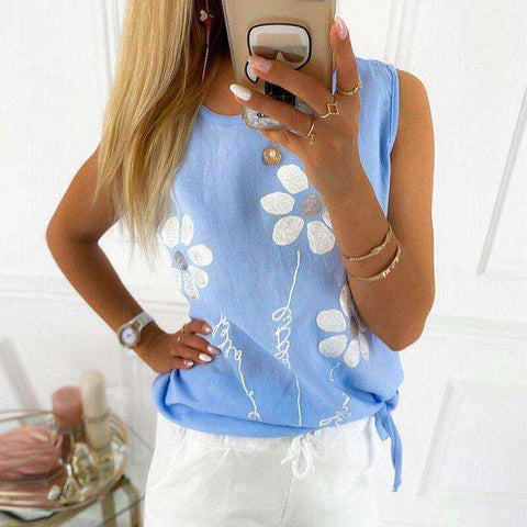 Casual Round Neck Floral Printed Beading Short Sleeve Shirt