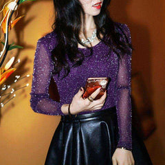 Mesh Long Sleeve Transparent Shining Elegant Shirt Women Tops