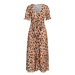 Leopard Dress Sleeveless Ruffled High Waist V Neck For Women