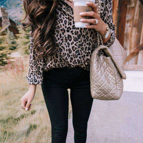 Image of Long Sleeve Lady Button  Blouse Leopard Shirts Top