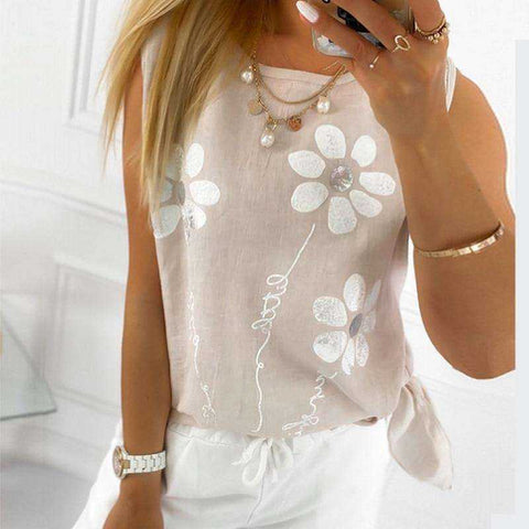 Image of Casual Round Neck Floral Printed Beading Short Sleeve Shirt