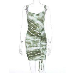 Sleeveless Ruched Bandage Tie Dye Print Sexy Mini Dress