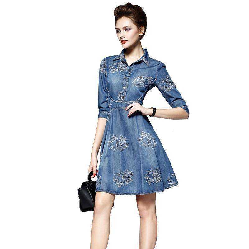 Women High Quality Summer Elegant Denim Dress Shirt Plus Size