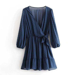 Women Three Quarter Sleeve Ruffles Lace Mini Chiffon Dress