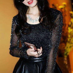 Mesh Long Sleeve Transparent Shining Elegant Shirt Women Tops