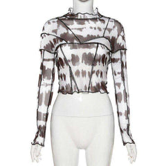 Women Turtleneck Long Sleeve Mesh Transparent Top Sexy Patchwork T Shirt