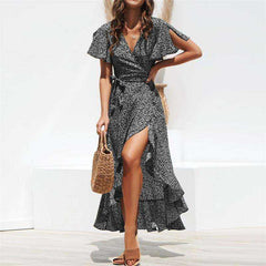Summer Beach Maxi Floral Print Boho Long Ruffles Wrap Casual V-Neck Dress Women