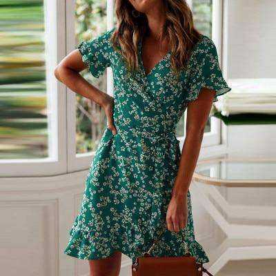 Sexy V Neck Floral Print Boho Beach Dress Ruffle Short Sleeve Sundress