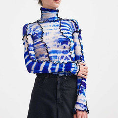 Women Turtleneck Long Sleeve Mesh Transparent Top Sexy Patchwork T Shirt