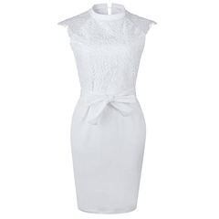 White Lace Slim Pencil O-Neck Women Midi Dress