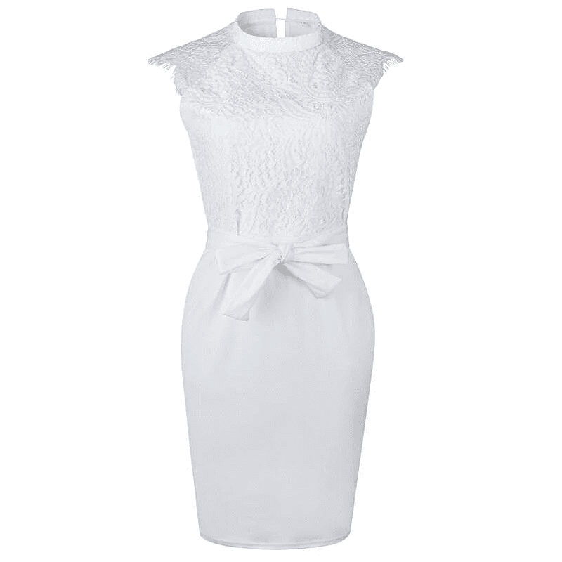 White Lace Slim Pencil O-Neck Women Midi Dress
