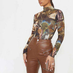 Women Full Length Regular Sleeve Turtleneck Skinny Printed Bodysuit Sweatshirt