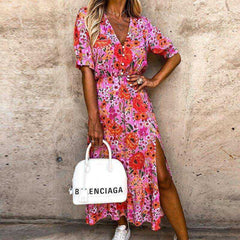 Summer Sexy Fashion Slim Button V Neck Elegant Gorgeous Floral Print A - Line Short Sleeve Slit Long Dress - AWAKENING AESTHETICS