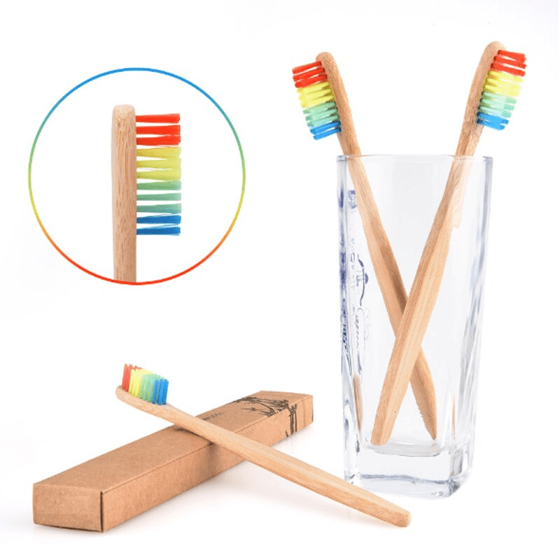 Aesthetic Soft Rainbow Head Wooden Bamboo Toothbrush