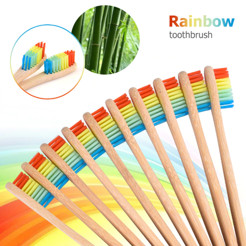 Image of Aesthetic Soft Rainbow Head Wooden Bamboo Toothbrush