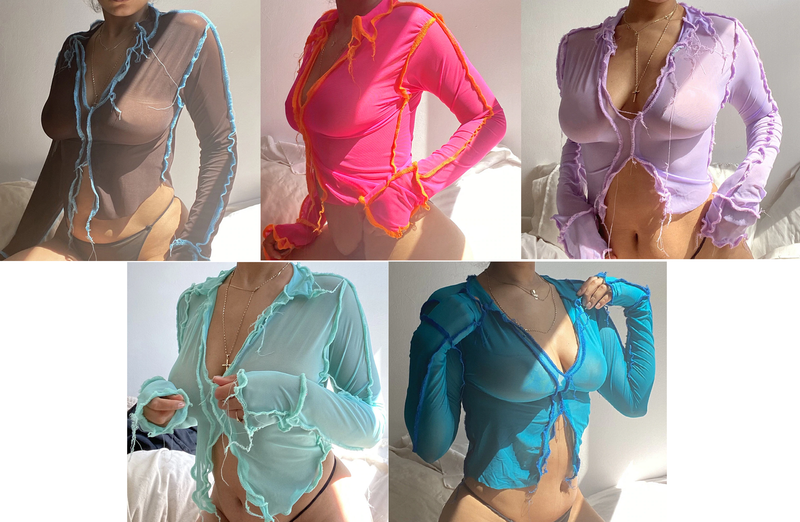 Aesthetic Neon Mesh See Through Long Sleeve Stripe Patchwork Crop Tops