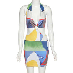 Club Wild Contrast Hollow Out Low-Cut Halter Bodycon Patchwork Woman Dresses