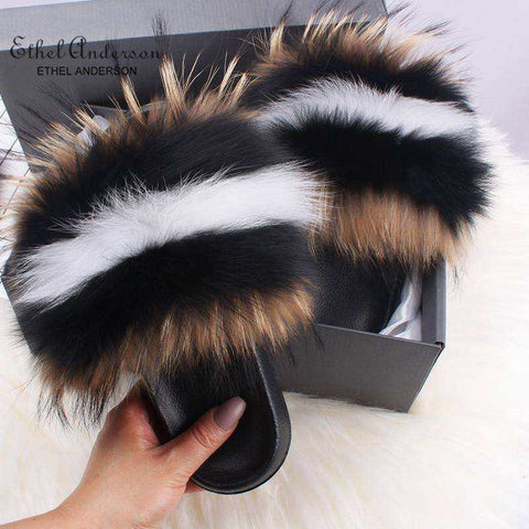Image of 2020 Fox Raccoon Fur Slippers Lady Retro Flip Flops Summer