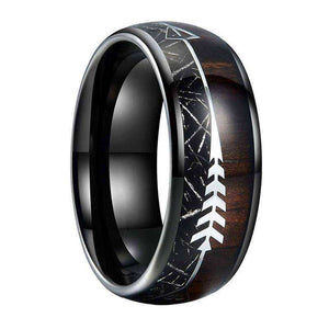 Black Tungsten Ring Wedding Band With Arrow Wood And Black Meteorite Inlay