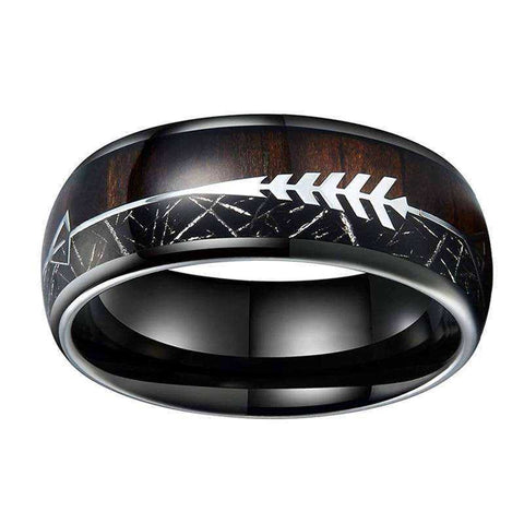 Black Tungsten Ring Wedding Band With Arrow Wood And Black Meteorite Inlay