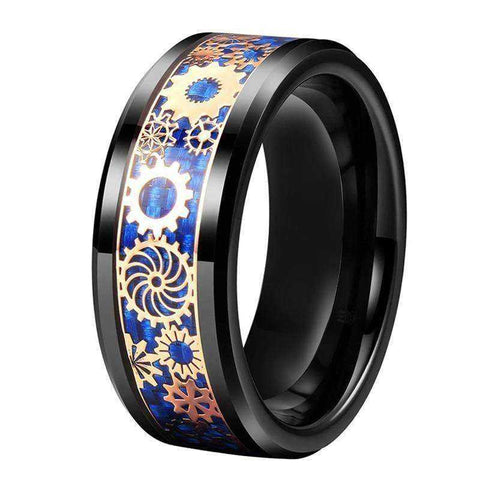 Image of Gold Mechanical Gear Wheel Blue Black Tungsten Ring