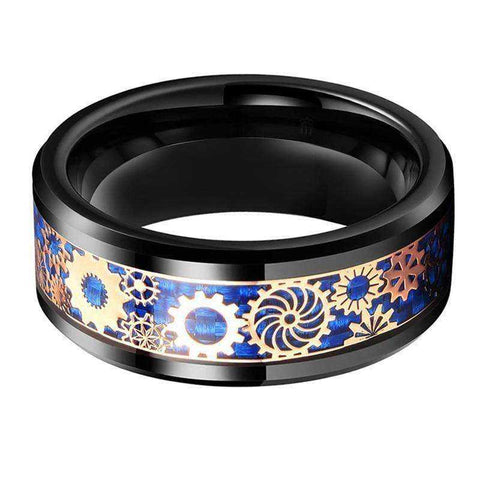 Image of Gold Mechanical Gear Wheel Blue Black Tungsten Ring