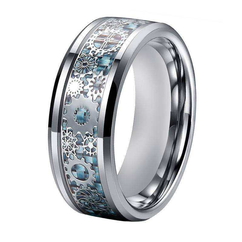 Mechanical Gear Wheel Light Blue Inlay Wedding Tungsten Ring