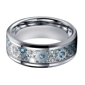 Mechanical Gear Wheel Light Blue Inlay Wedding Tungsten Ring