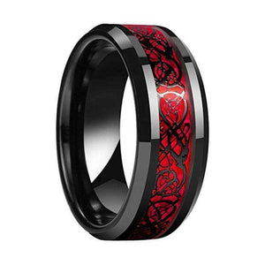 Red Opal And Black Dragon Inlay Wedding Tungsten Ring