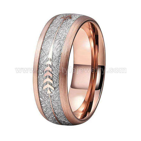 Tungsten Ring Brushed Finish With Imitated Silver Meteorite And Rose Gold Arrow Inlay