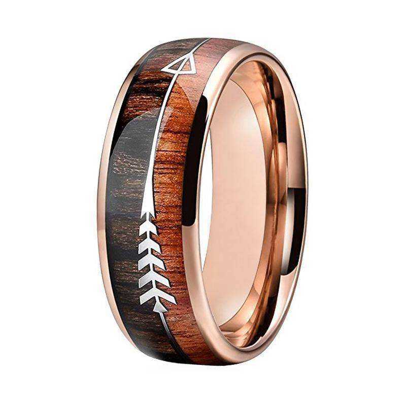Rose Gold Tungsten Ring Inlay Wedding Band With Arrow And Double Wood
