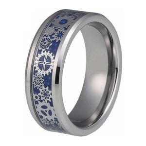 Silver Mechanical Gear Wheel Blue Wedding Tungsten Ring