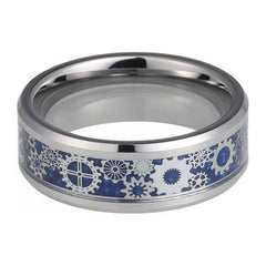 Silver Mechanical Gear Wheel Blue Wedding Tungsten Ring