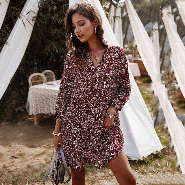Floral Causal Loose Short Mini Dresses Three Quarter Sleeve Spring