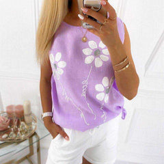 Casual Round Neck Floral Printed Beading Short Sleeve Shirt