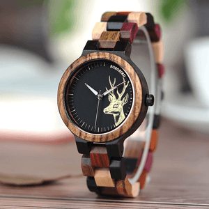 Lovers' Casual Quartz Elk Design Natural Wooden Watches with Mixed Colorful Wood Band