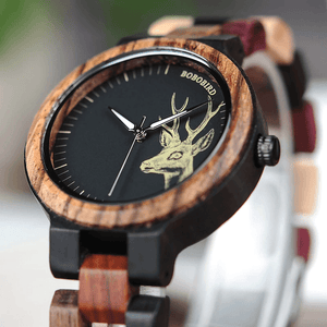 Lovers' Casual Quartz Elk Design Natural Wooden Watches with Mixed Colorful Wood Band