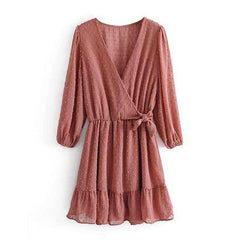 Women Three Quarter Sleeve Ruffles Lace Mini Chiffon Dress