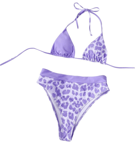 Image of Women Sexy Cut Out Patchwork High Waist Purple Leopard Bikini  Swimwear