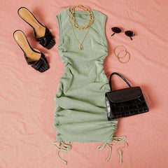 Women Cotton Ruched Drawstring Party Sleeveless Elastic Mini Dress - AWAKENING AESTHETICS