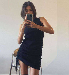 Women Cotton Ruched Drawstring Party Sleeveless Elastic Mini Dress - AWAKENING AESTHETICS
